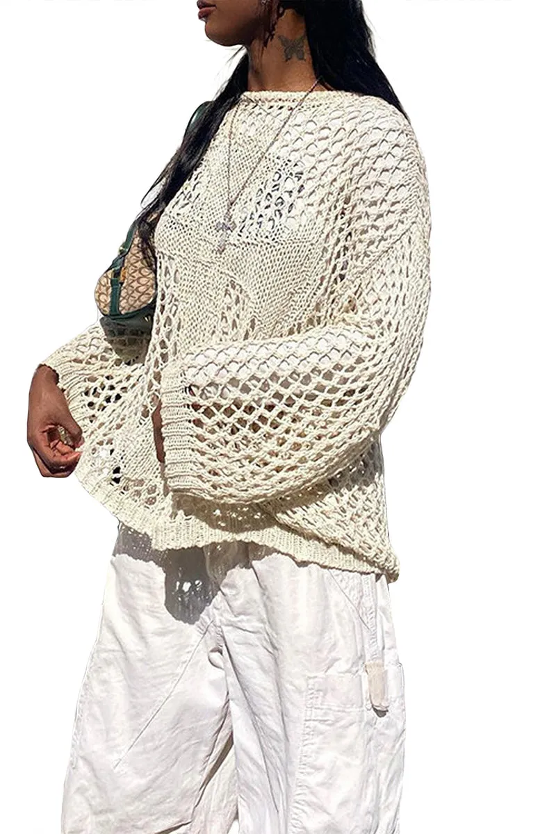 TR3343 Crochet Long Sleeve Shirt Top Outerwear