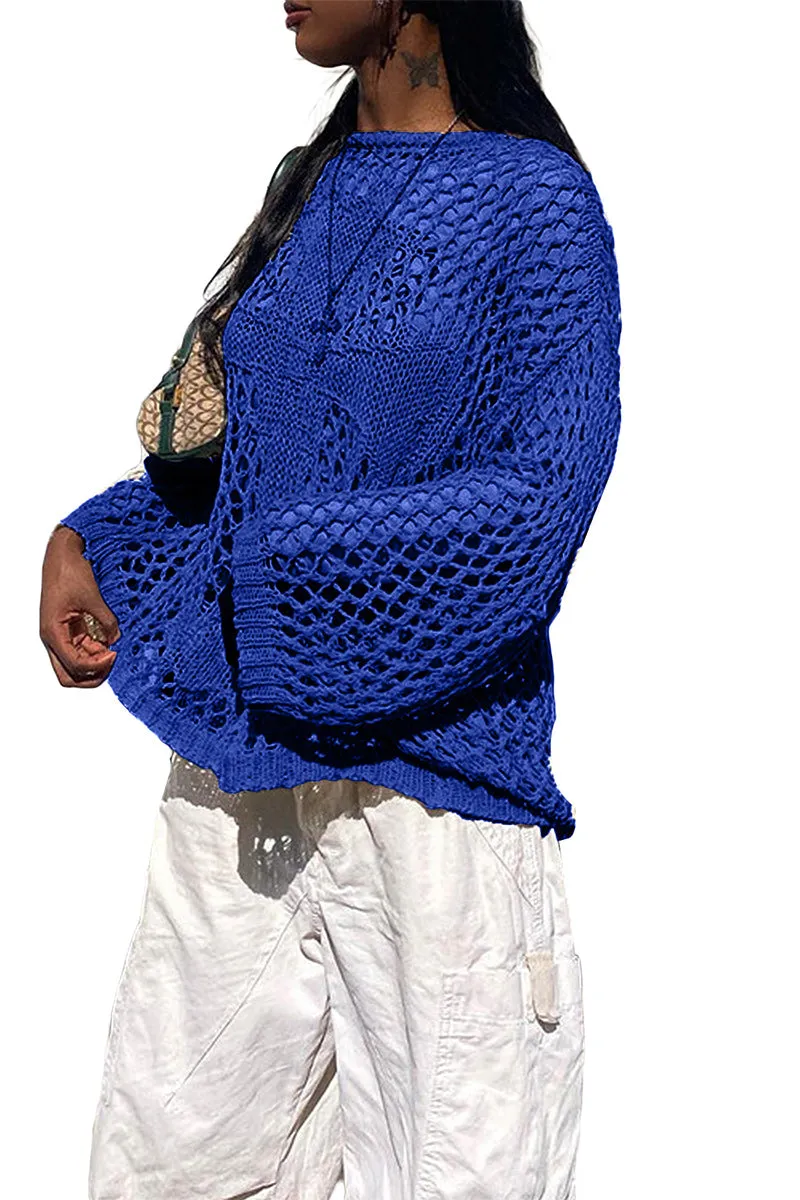 TR3343 Crochet Long Sleeve Shirt Top Outerwear