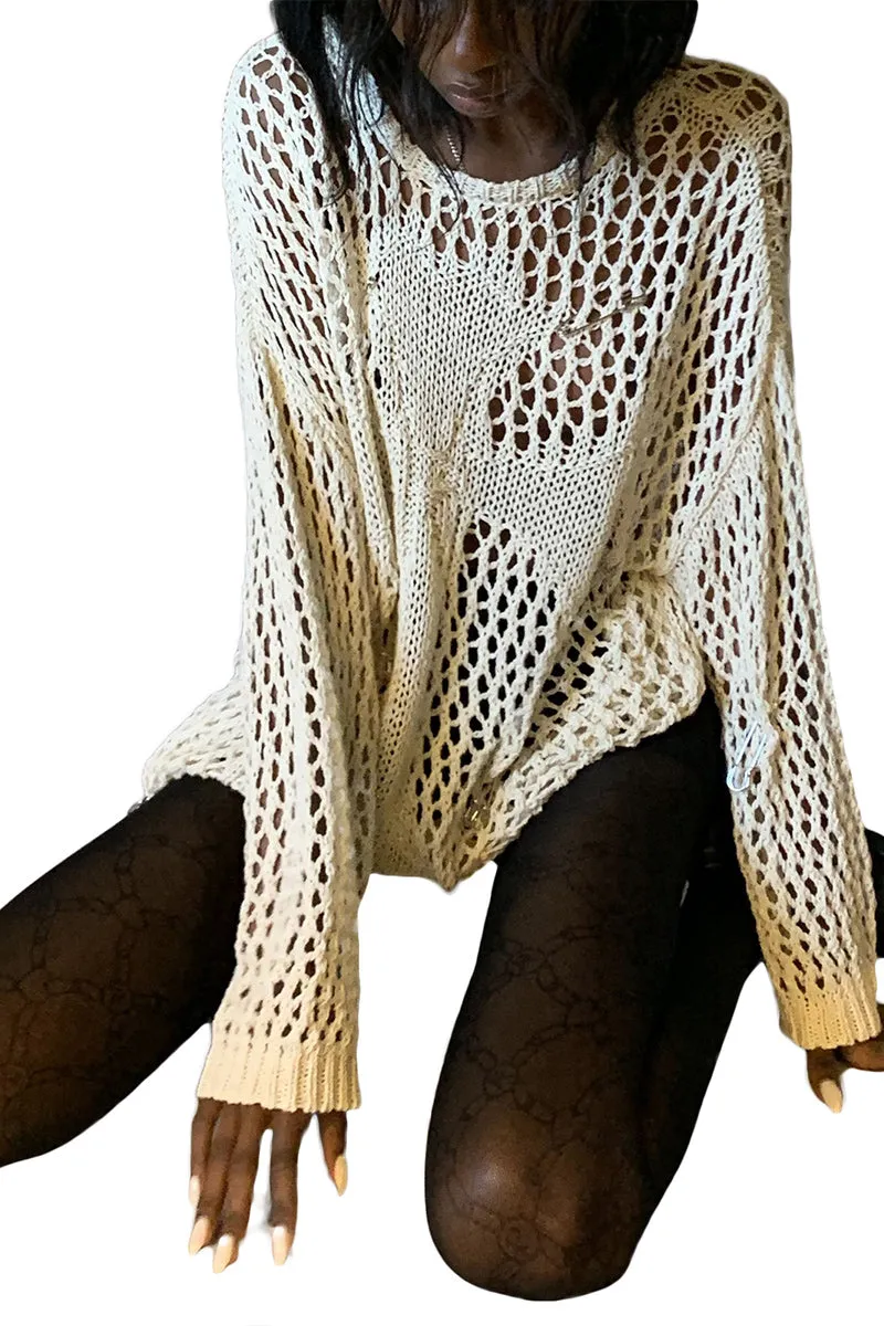 TR3343 Crochet Long Sleeve Shirt Top Outerwear