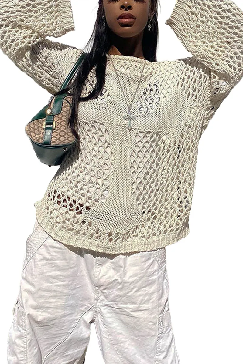 TR3343 Crochet Long Sleeve Shirt Top Outerwear
