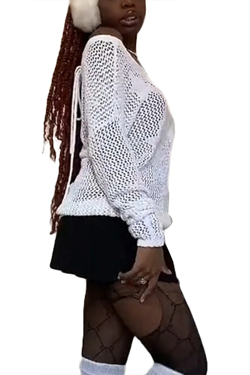 TR3343 Crochet Long Sleeve Shirt Top Outerwear