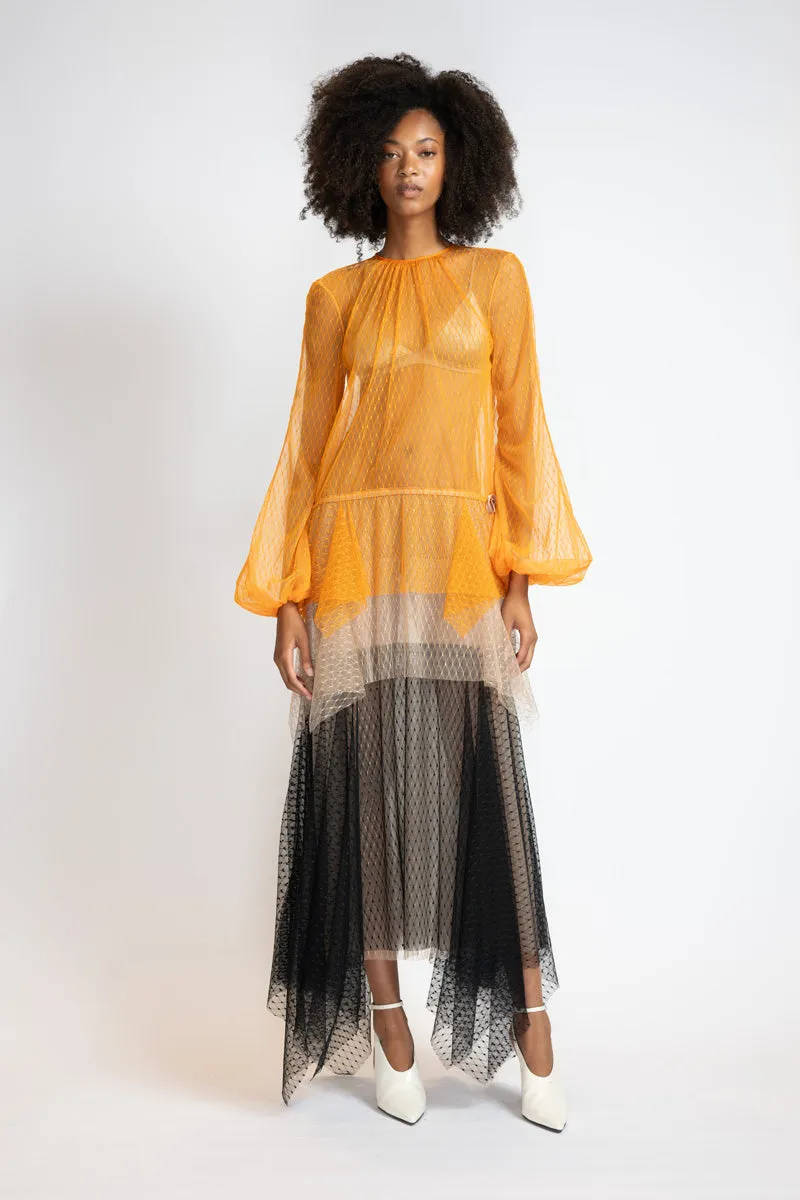 Tricolor Lattice Point D’Esprit Trapeze Dress With Handkerchief Tiers