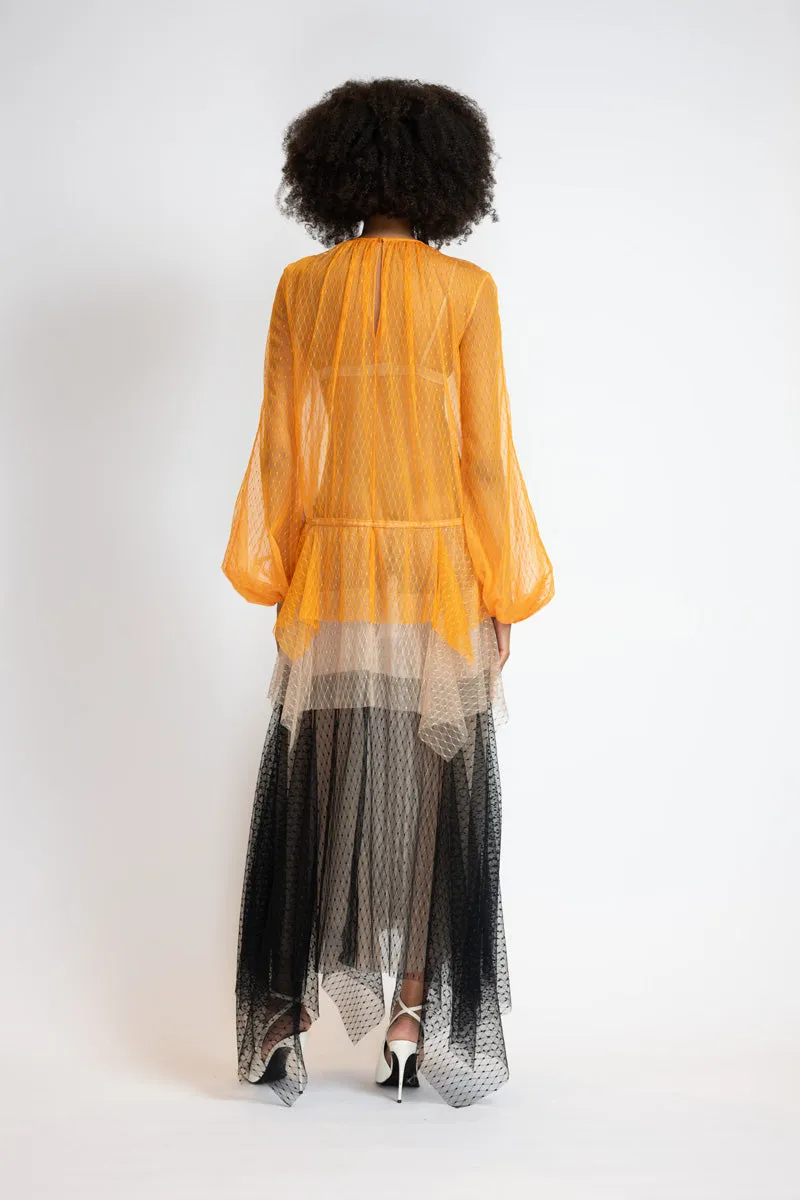 Tricolor Lattice Point D’Esprit Trapeze Dress With Handkerchief Tiers