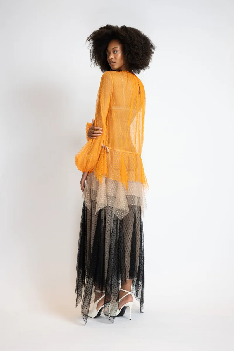 Tricolor Lattice Point D’Esprit Trapeze Dress With Handkerchief Tiers
