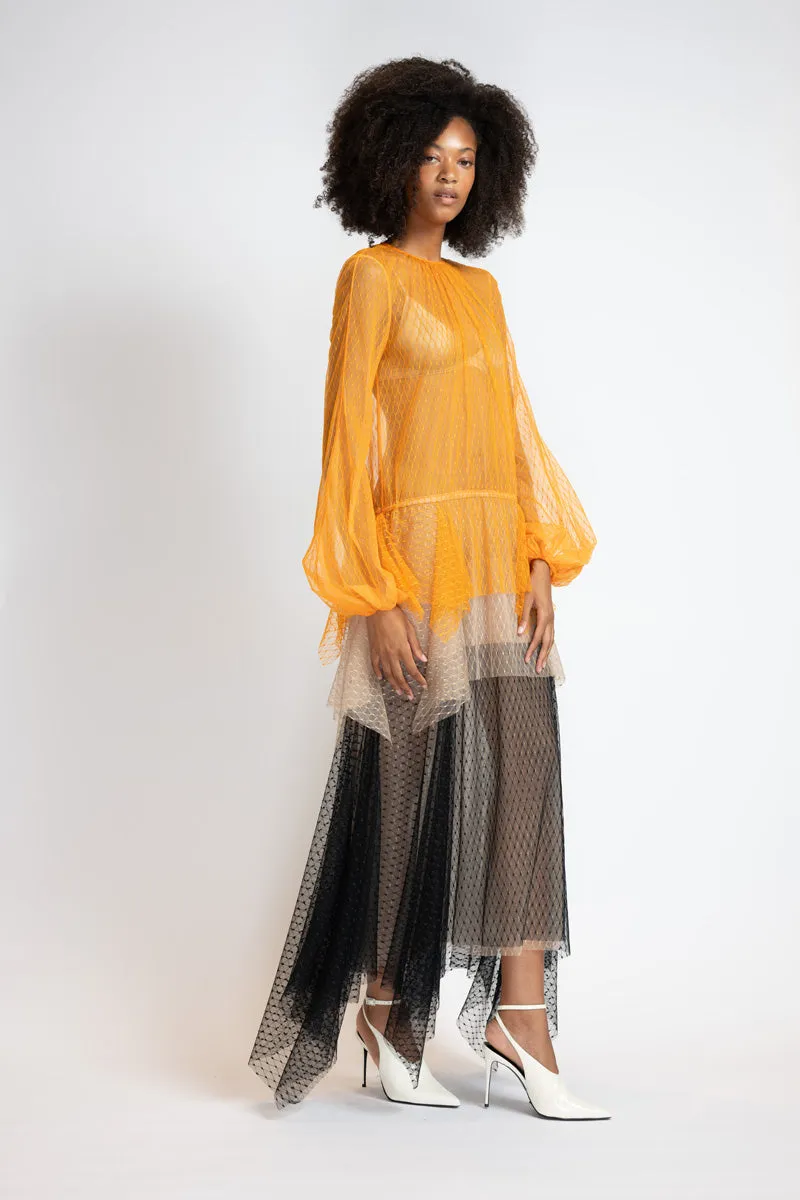 Tricolor Lattice Point D’Esprit Trapeze Dress With Handkerchief Tiers