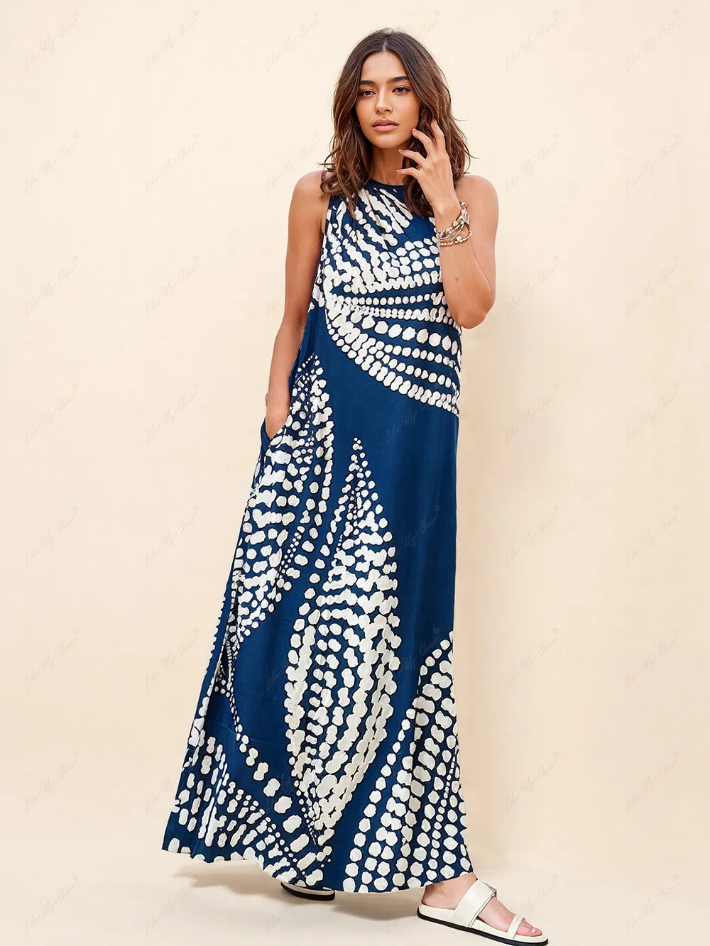 Unique Polka Dot Print Graceful One Shoulder Pocketed Maxi Dress