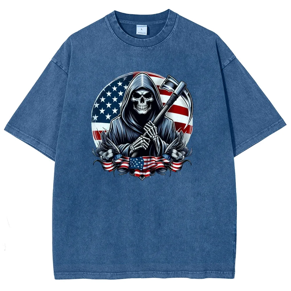 Unisex American Flag And Grim Reaper Graphic Vintage Washed Tee
