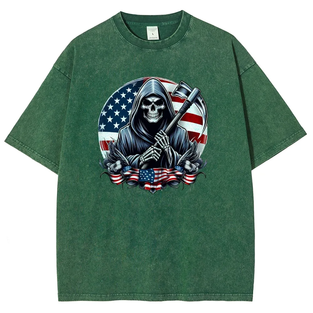 Unisex American Flag And Grim Reaper Graphic Vintage Washed Tee