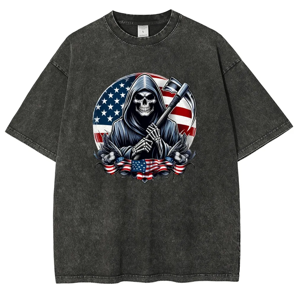Unisex American Flag And Grim Reaper Graphic Vintage Washed Tee