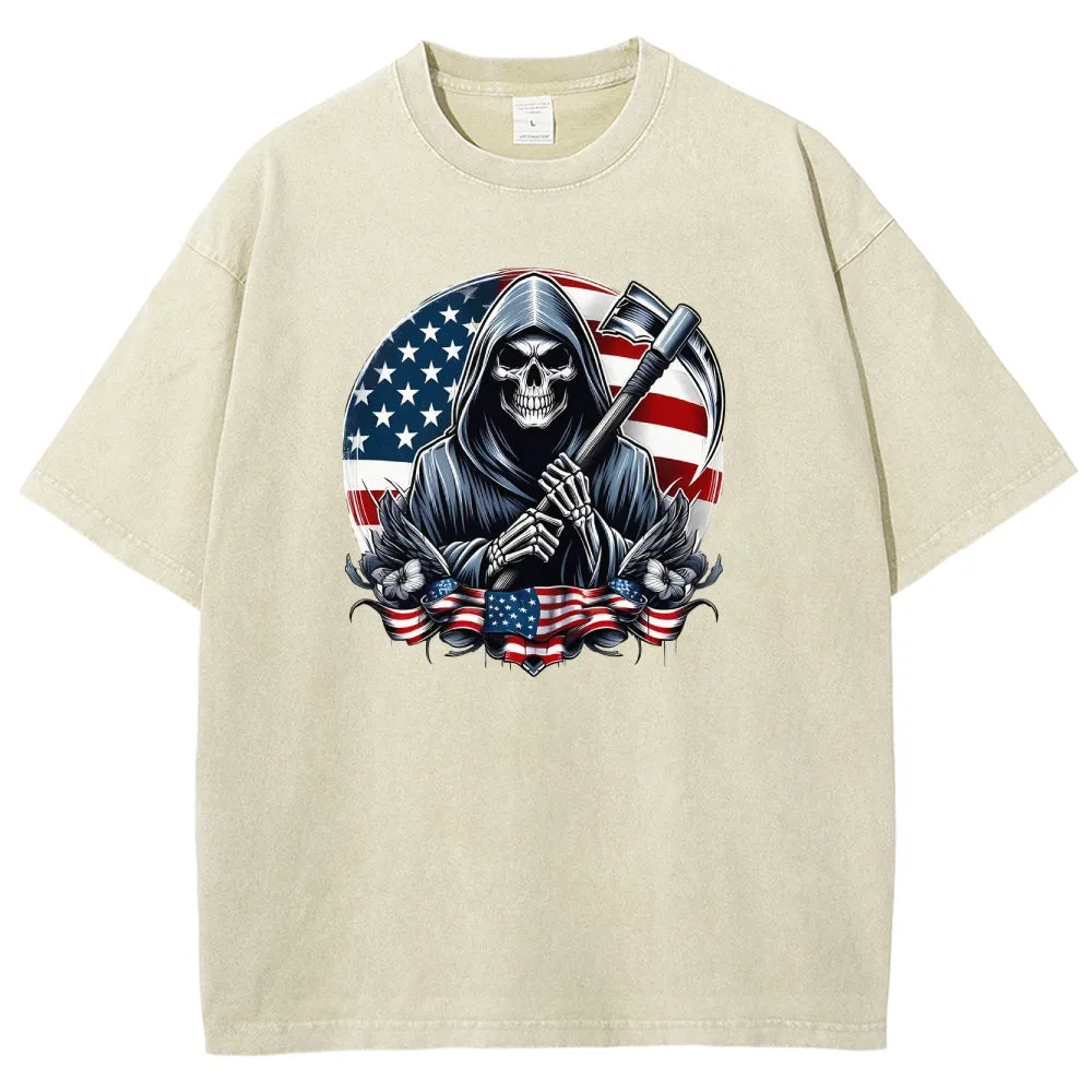 Unisex American Flag And Grim Reaper Graphic Vintage Washed Tee