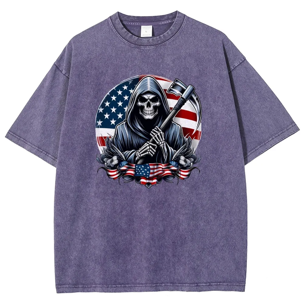 Unisex American Flag And Grim Reaper Graphic Vintage Washed Tee