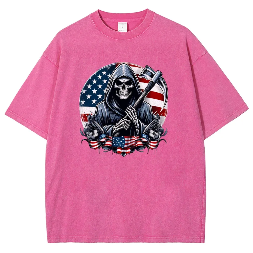 Unisex American Flag And Grim Reaper Graphic Vintage Washed Tee