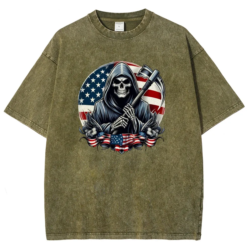 Unisex American Flag And Grim Reaper Graphic Vintage Washed Tee