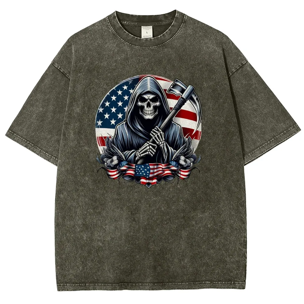 Unisex American Flag And Grim Reaper Graphic Vintage Washed Tee