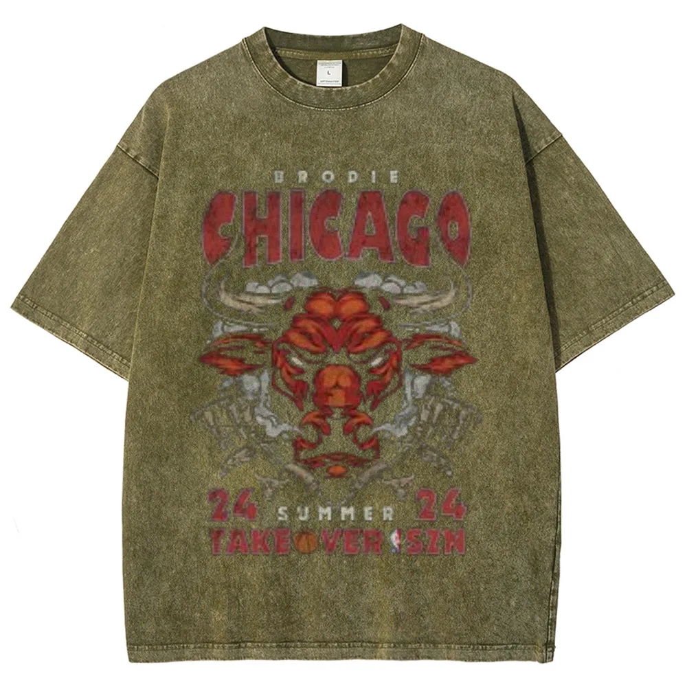 Unisex Vintage Chicago Letter Print Short Sleeve Graphic Washed T-shirt