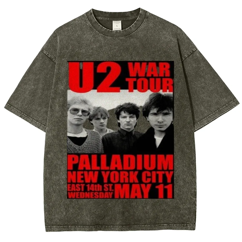 Unisex Vintage The U2 Rock Band Print Short Sleeve Casual Graphic Washed T-shirt