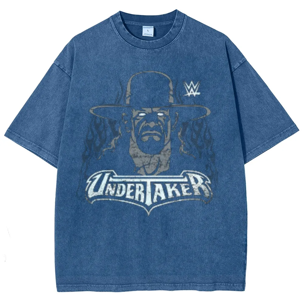 Unisex Vintage Undertaker Darkness Style Graphic Short Sleeve Washed T-shirt