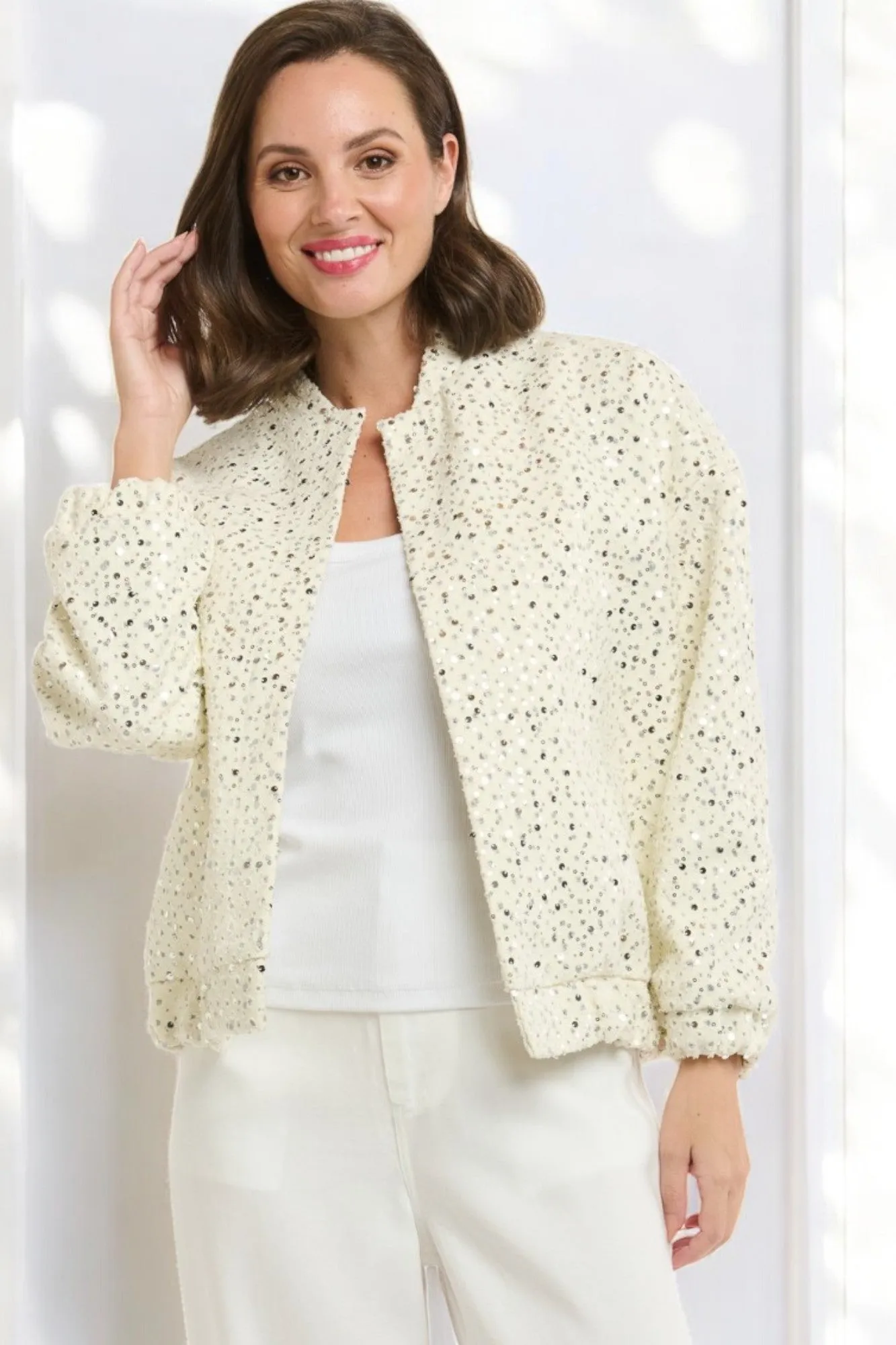 URBAN LUXURY Sequin Bomber - Cream