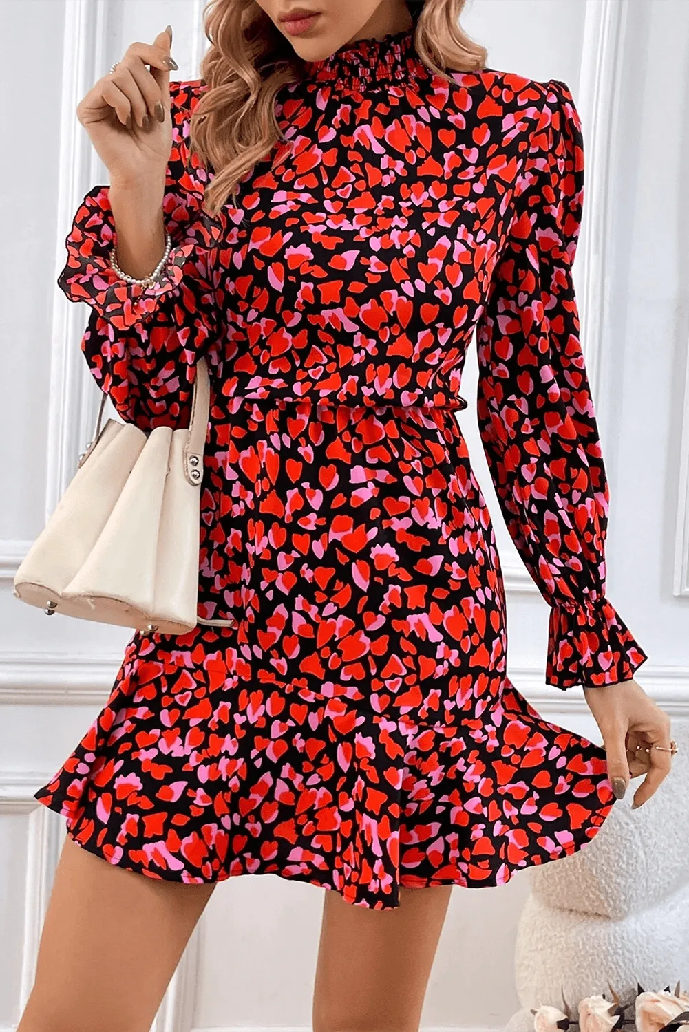 Valentine's Day Heart Print Long Sleeve Mini Dress