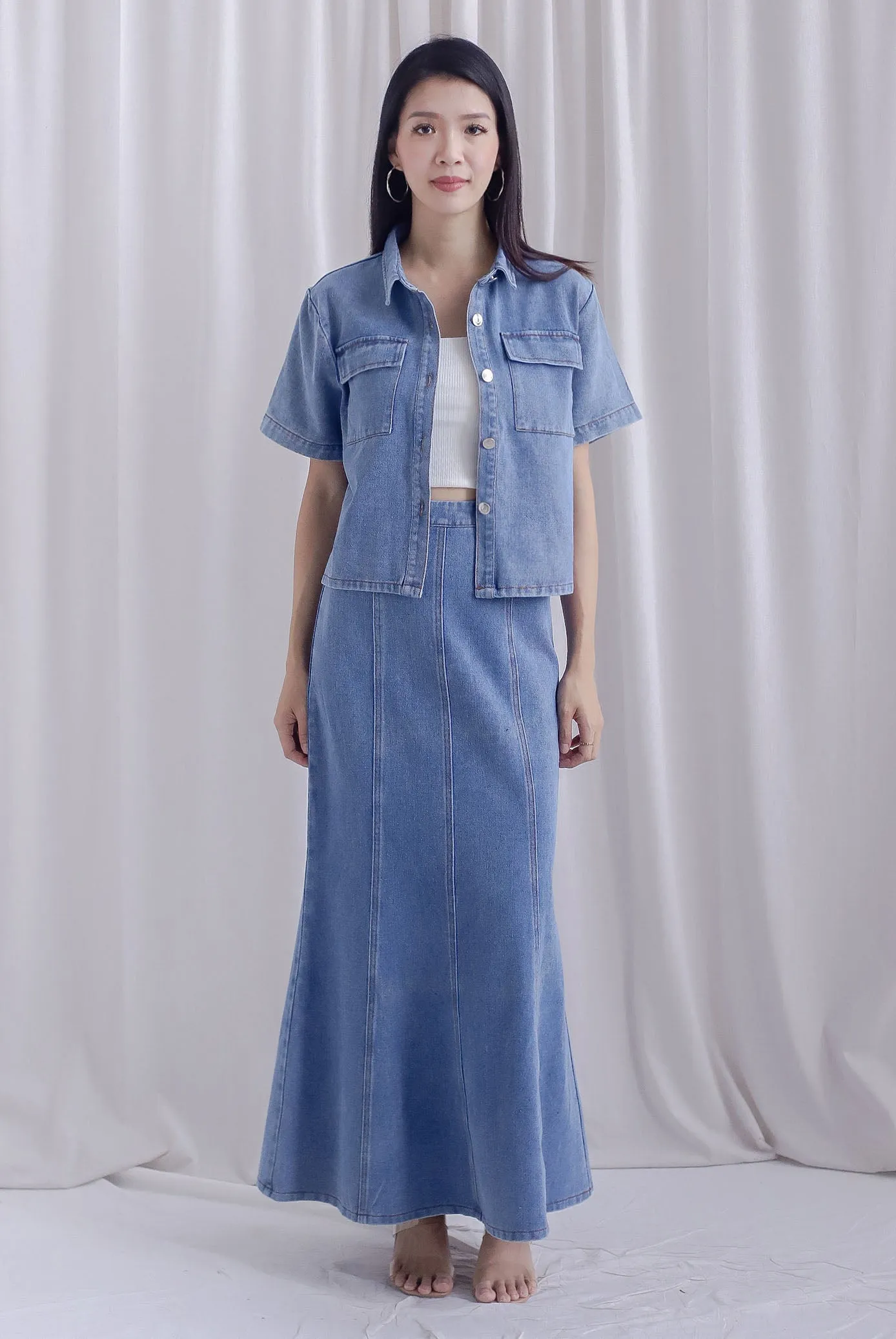 Verene Denim Cargo Shirt In Mid Wash
