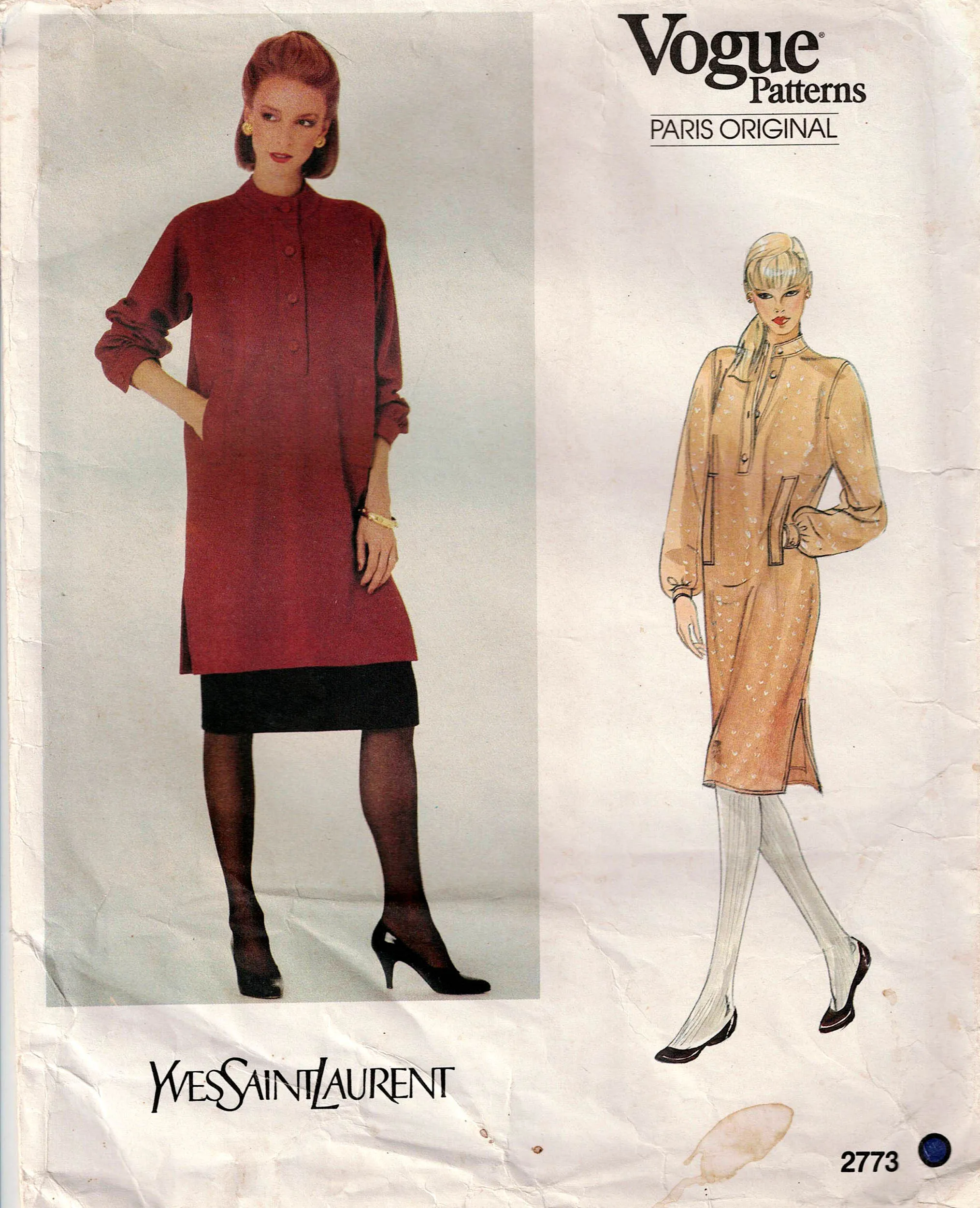 Vogue Paris Original 2773 YVES ST LAURENT Womens Loose Fitting Dress Tunic & Skirt 1980s Vintage Sewing Pattern Size 10 Bust 32.5 inches UNCUT Factory Folded