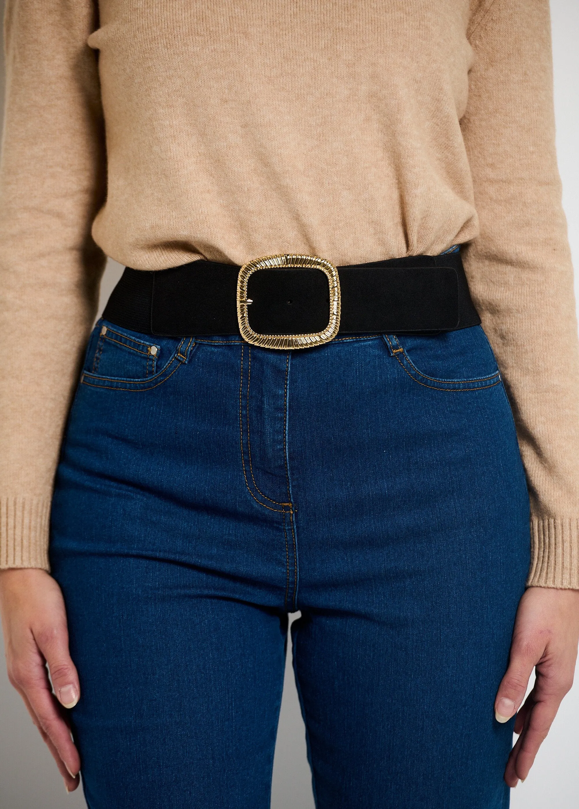 Wide fancy belt with square buckle