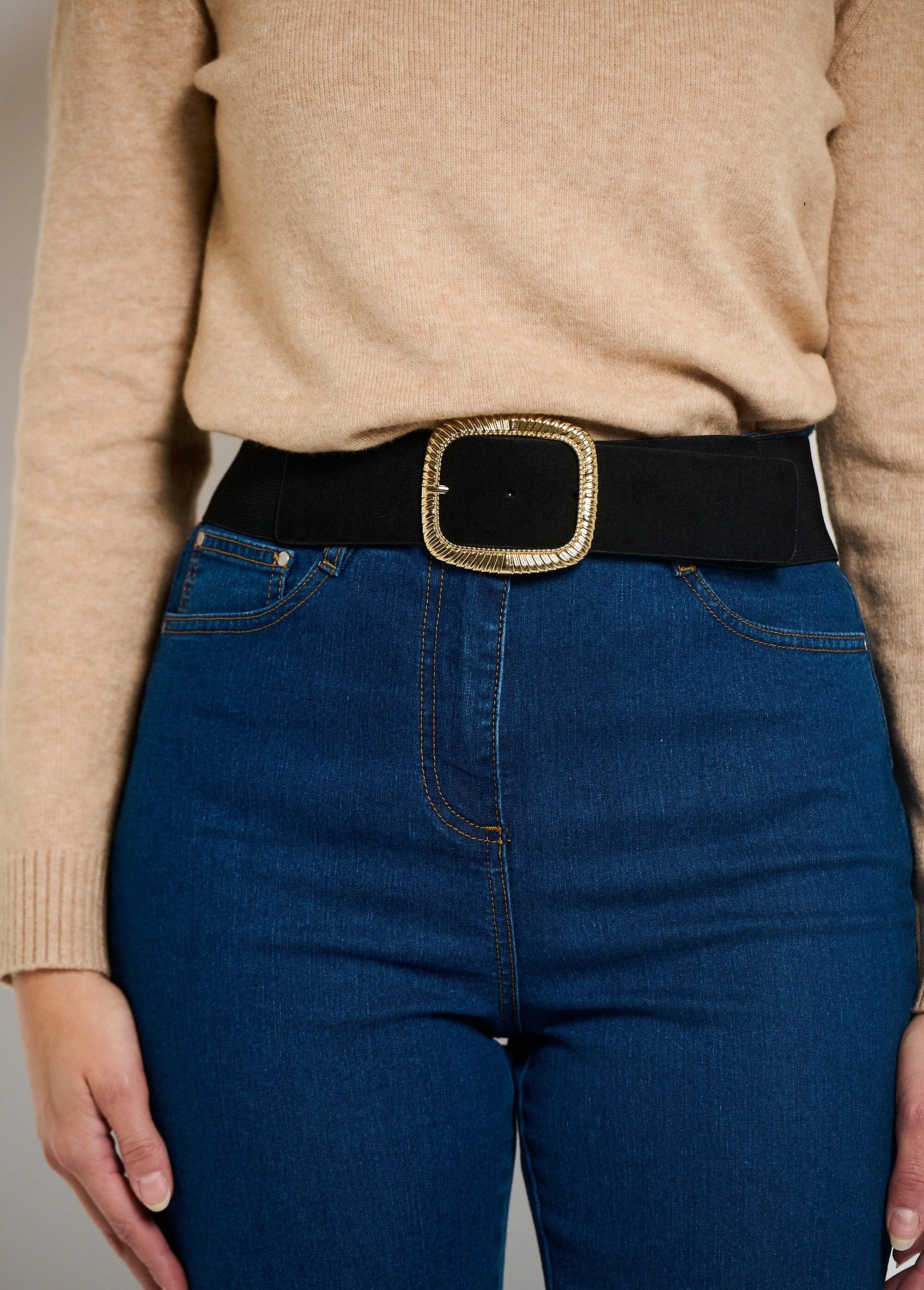 Wide fancy belt with square buckle