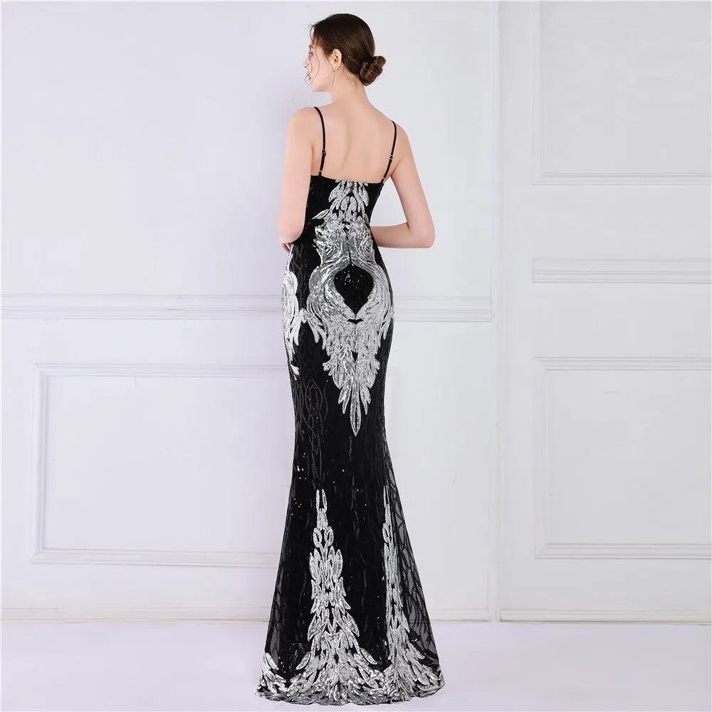 Wings Pattern Sequin Charming Mesh Strappy Gown