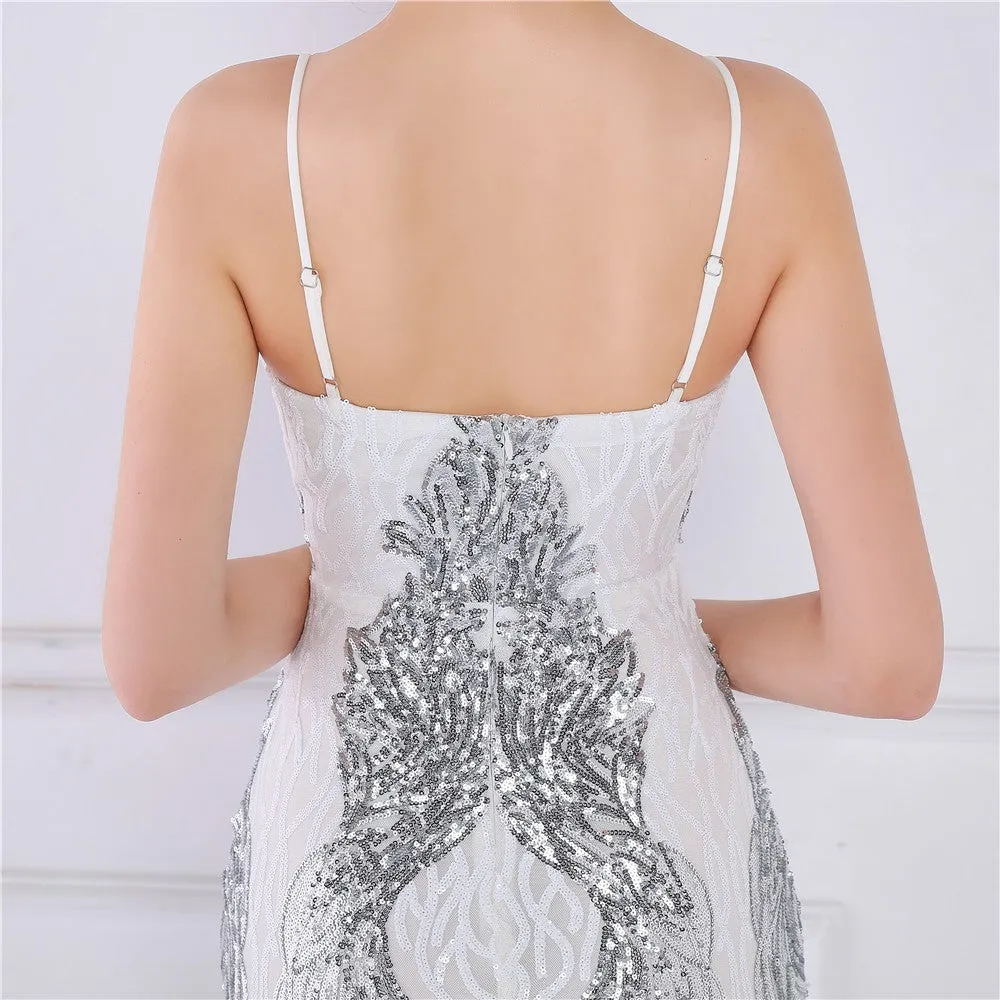 Wings Pattern Sequin Charming Mesh Strappy Gown