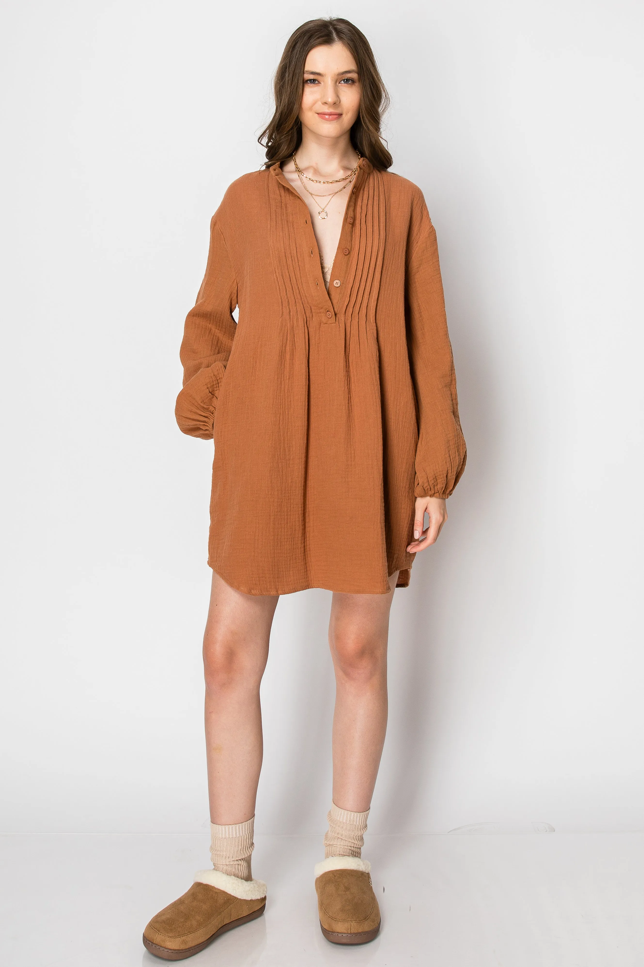 WOMAN'S LONG SLEEVE BUTTON DOWN CASUAL TUNIC DRESS WITH POCKETS