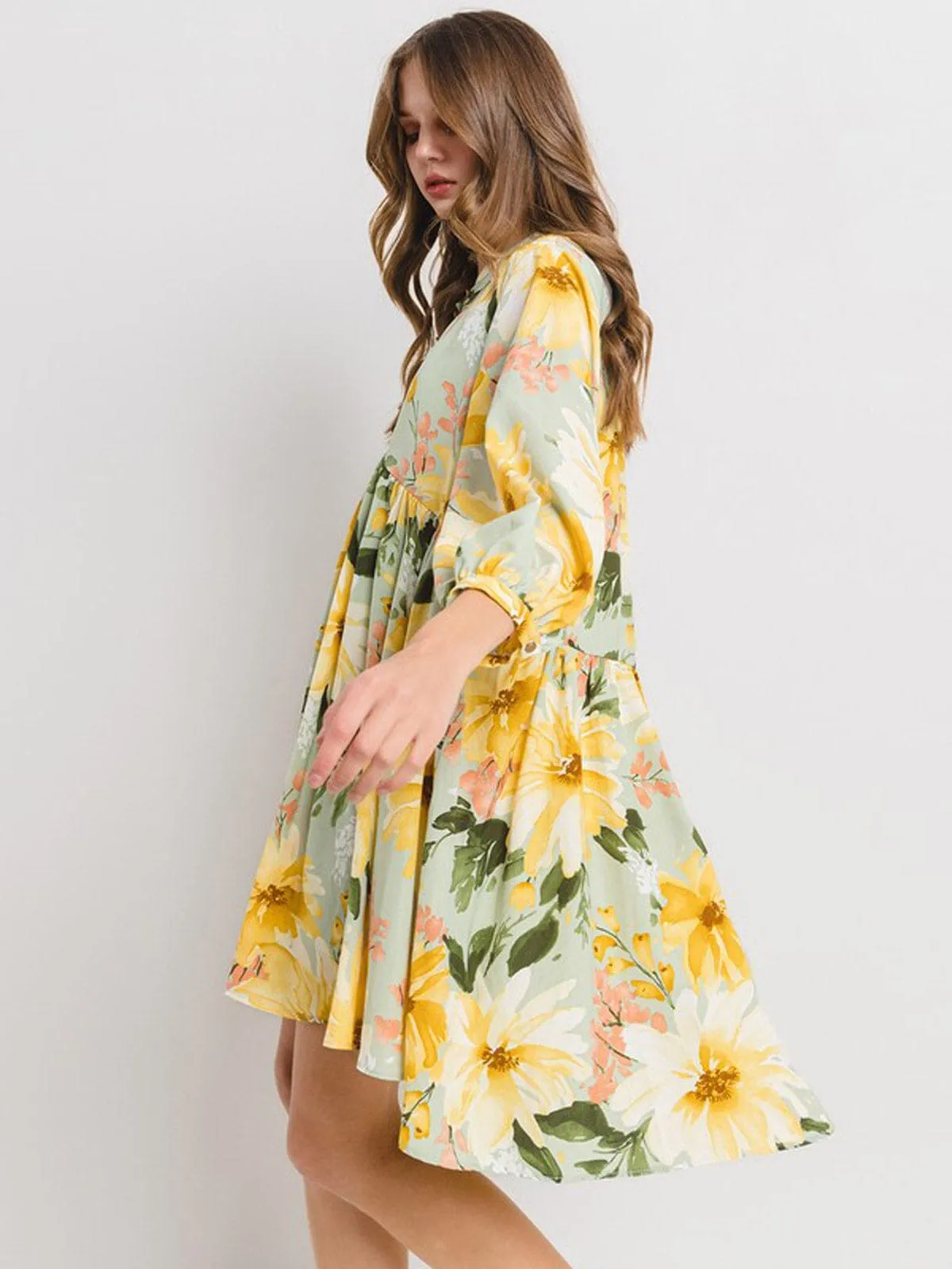 WOMEN'S 3/4 SLEEVE BUTTON UP FLORAL TUNIC MINI DRESS