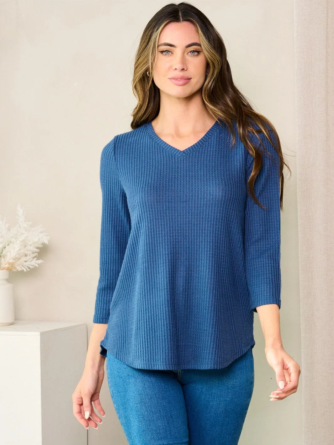 WOMEN'S 3/4 SLEEVE V-NECK WAFFLE PRINT TUNIC TOP