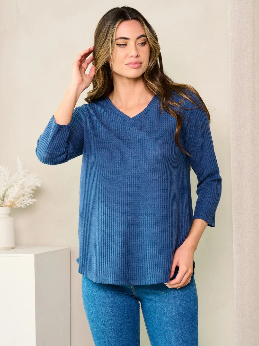 WOMEN'S 3/4 SLEEVE V-NECK WAFFLE PRINT TUNIC TOP