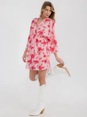 WOMEN'S 3/4 SLEEVESS SURPLICE FLORAL MINI DRESS