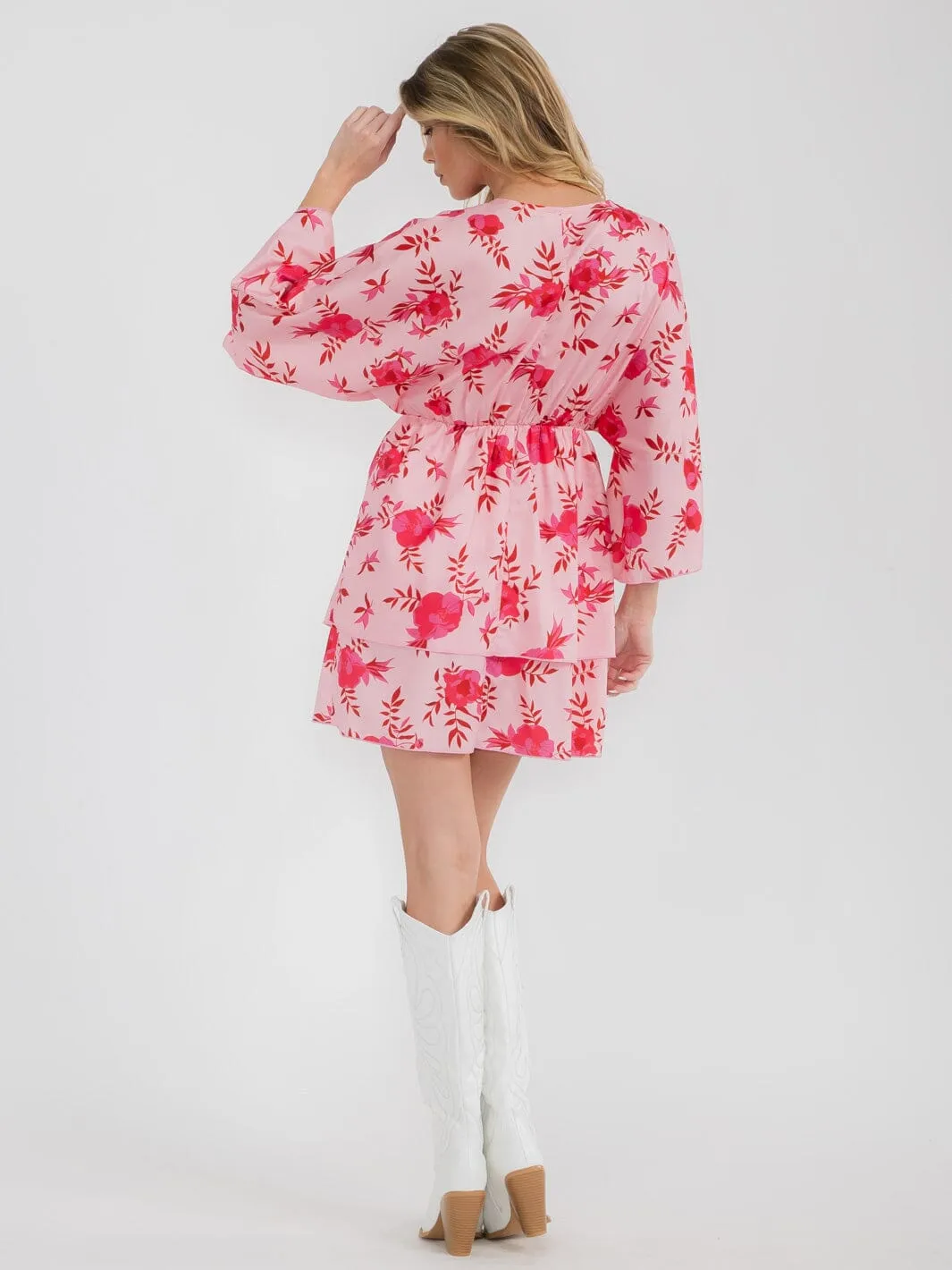 WOMEN'S 3/4 SLEEVESS SURPLICE FLORAL MINI DRESS