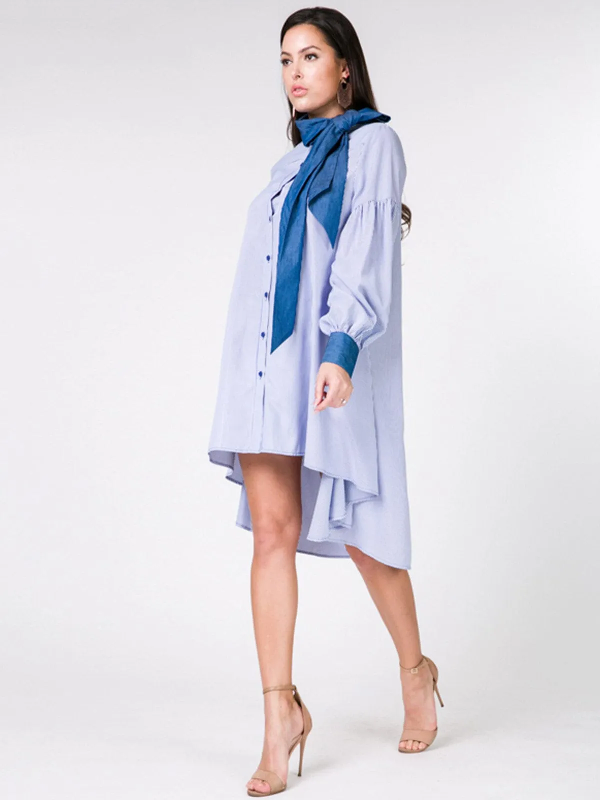 WOMEN'S LONG SLEEVE BUTTON UP LOOSE FIT STRIPES MIDI DRESS