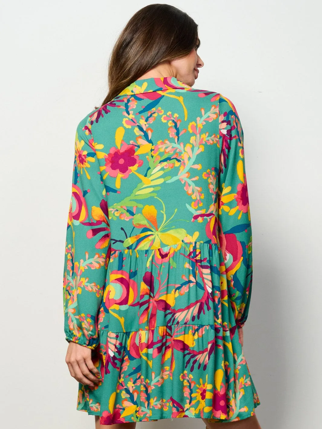 WOMEN'S LONG SLEEVE BUTTON UP TUNIC FLORAL MINI DRESS