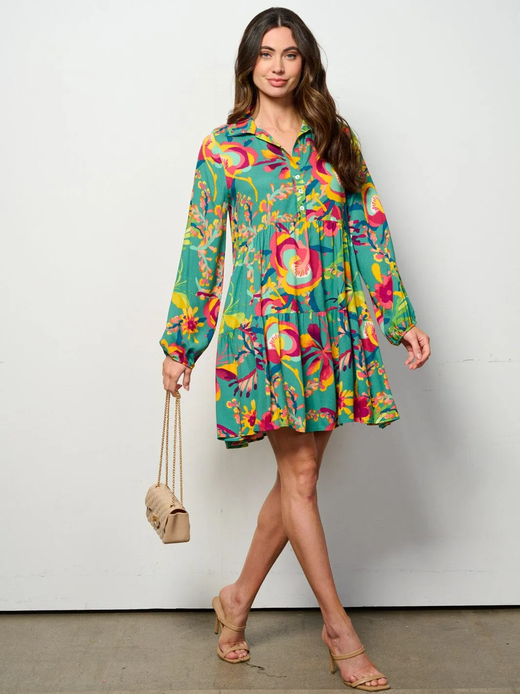 WOMEN'S LONG SLEEVE BUTTON UP TUNIC FLORAL MINI DRESS