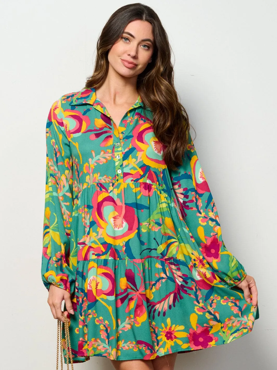 WOMEN'S LONG SLEEVE BUTTON UP TUNIC FLORAL MINI DRESS