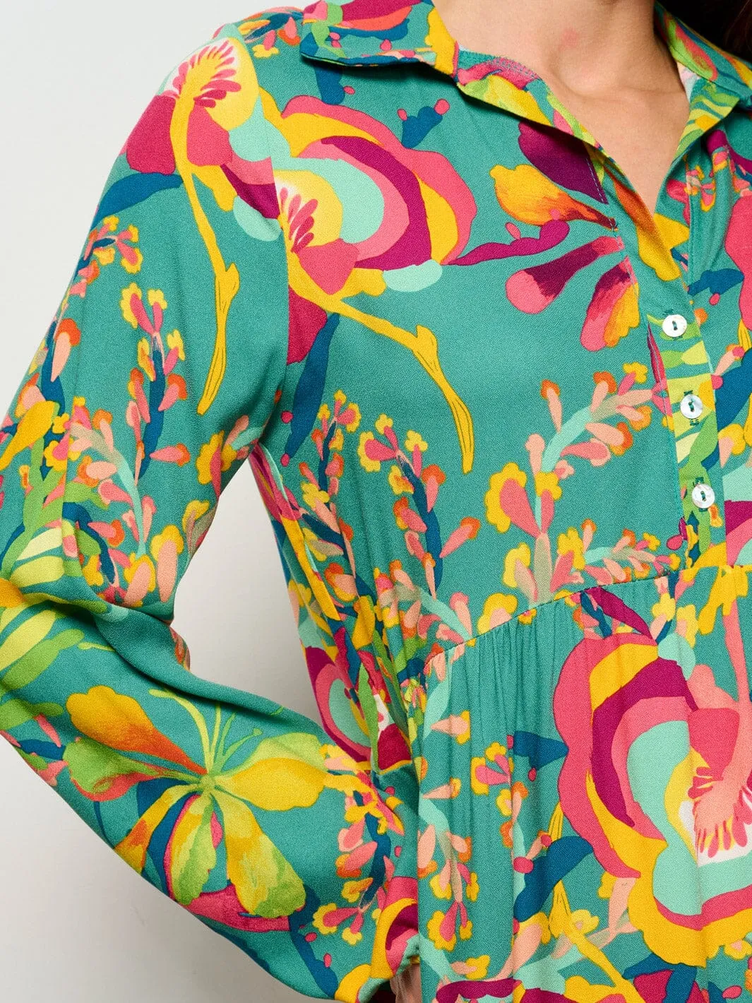 WOMEN'S LONG SLEEVE BUTTON UP TUNIC FLORAL MINI DRESS