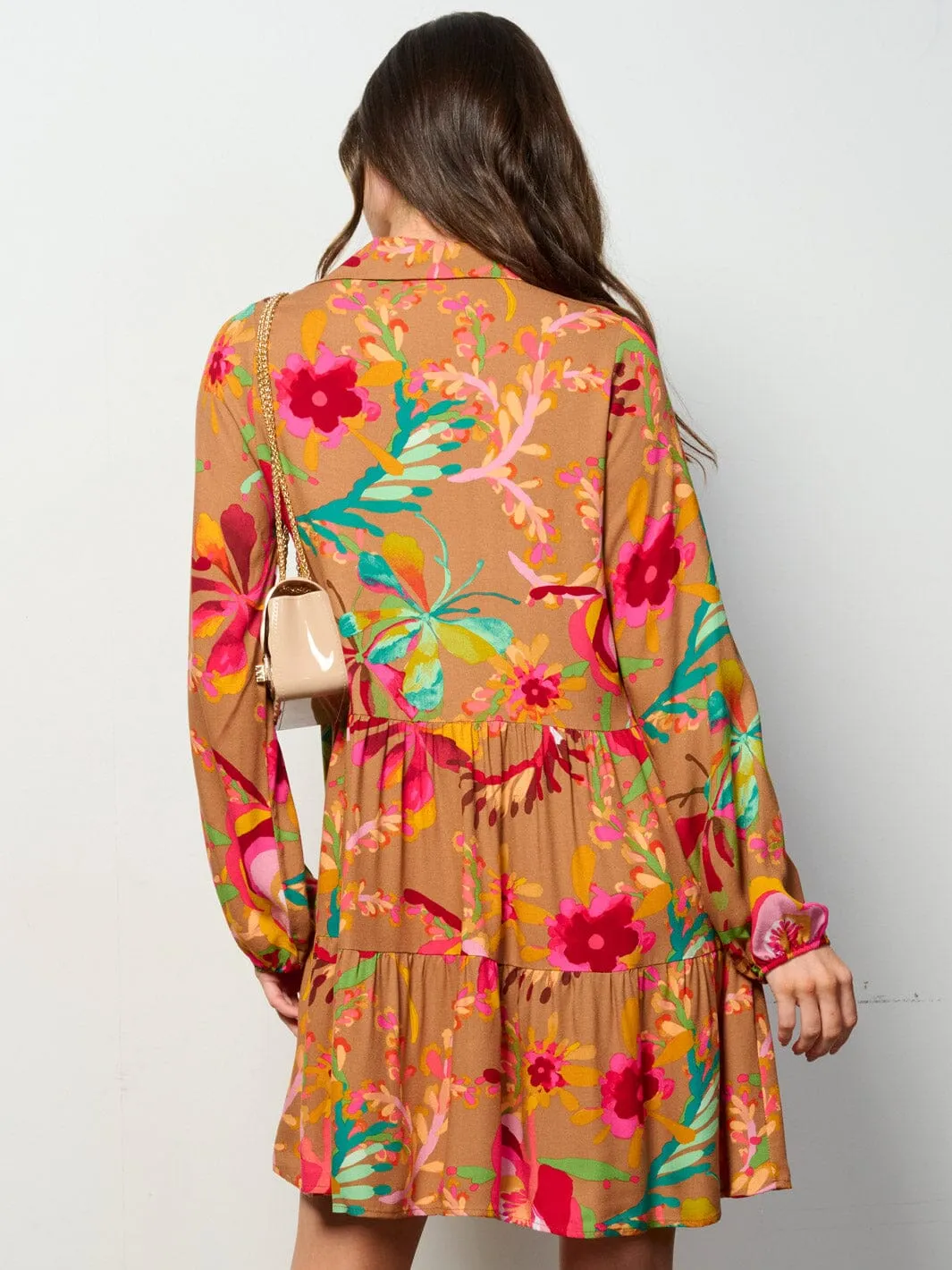 WOMEN'S LONG SLEEVE BUTTON UP TUNIC FLORAL MINI DRESS