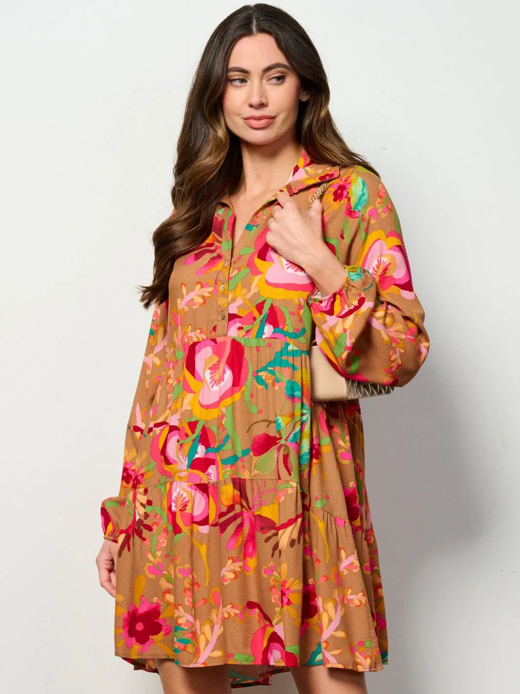 WOMEN'S LONG SLEEVE BUTTON UP TUNIC FLORAL MINI DRESS