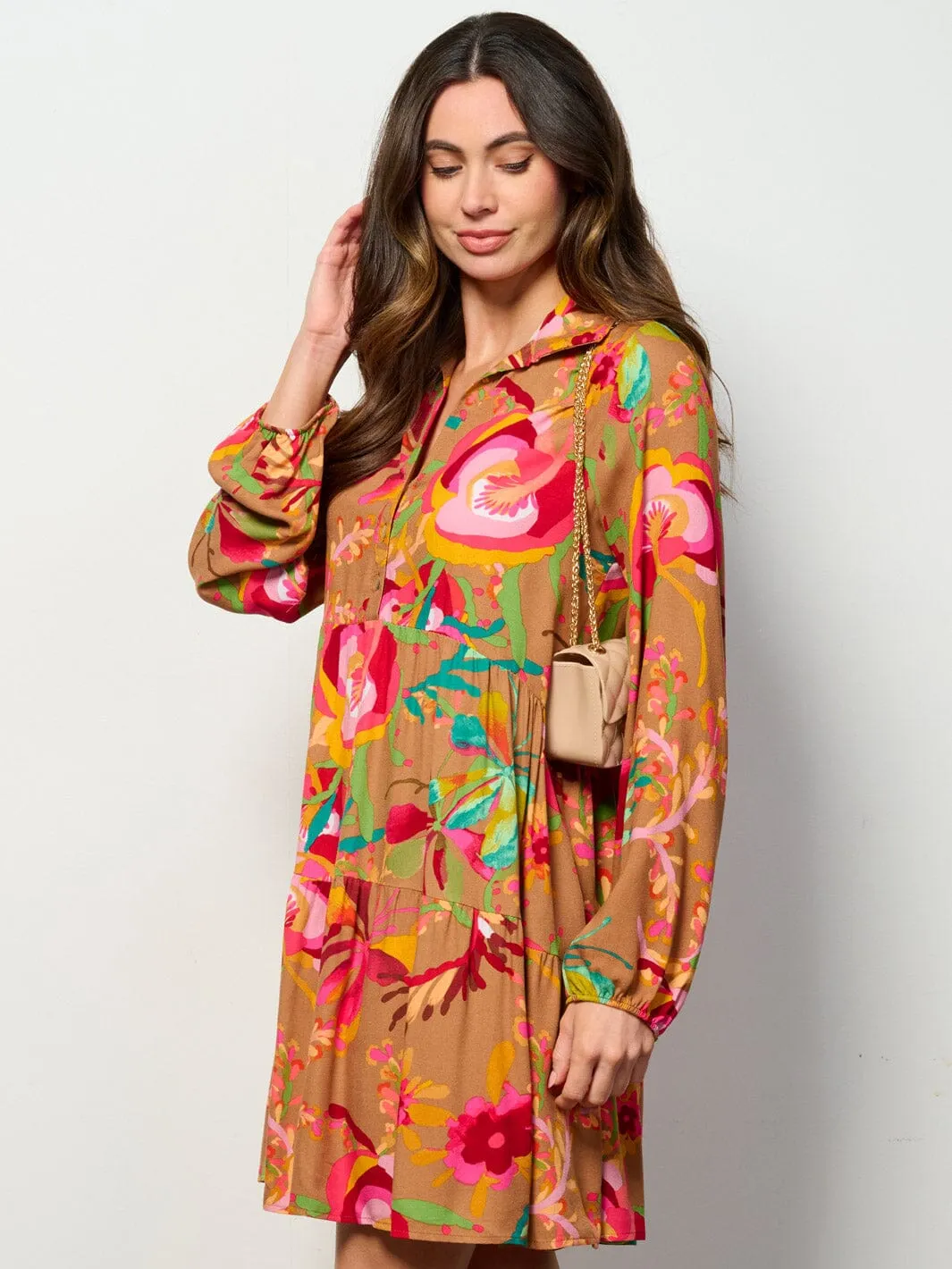 WOMEN'S LONG SLEEVE BUTTON UP TUNIC FLORAL MINI DRESS