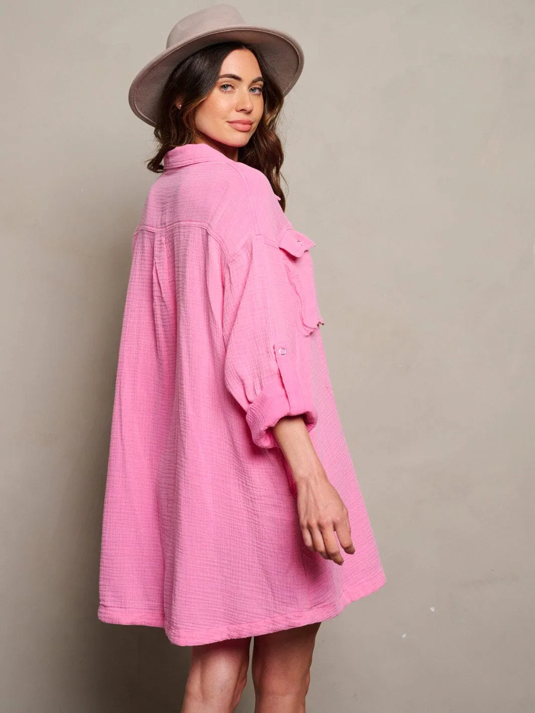 WOMEN'S LONG SLEEVE BUTTON UP TUNIC POCKETS WASHED MINI DRESS