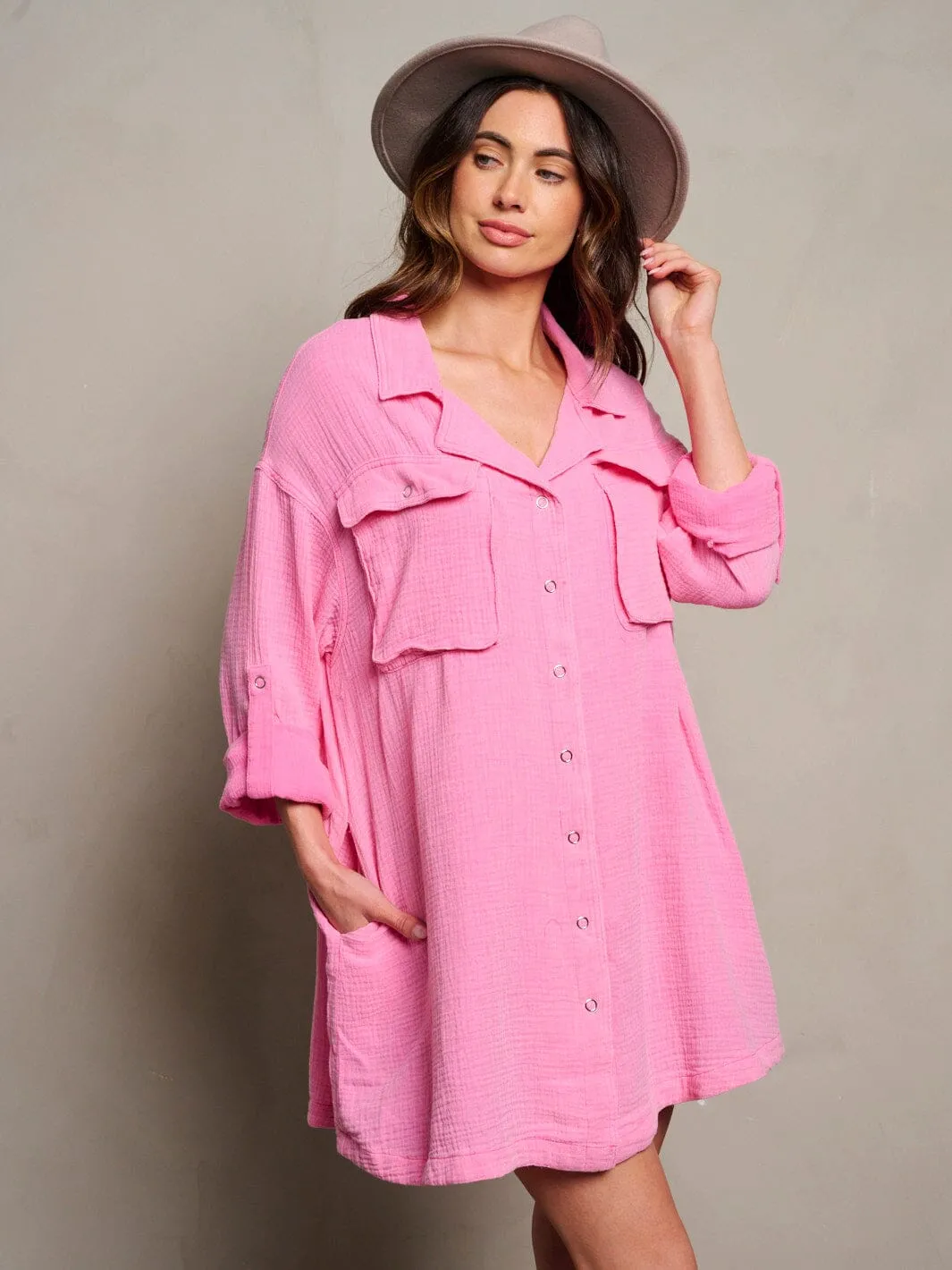 WOMEN'S LONG SLEEVE BUTTON UP TUNIC POCKETS WASHED MINI DRESS