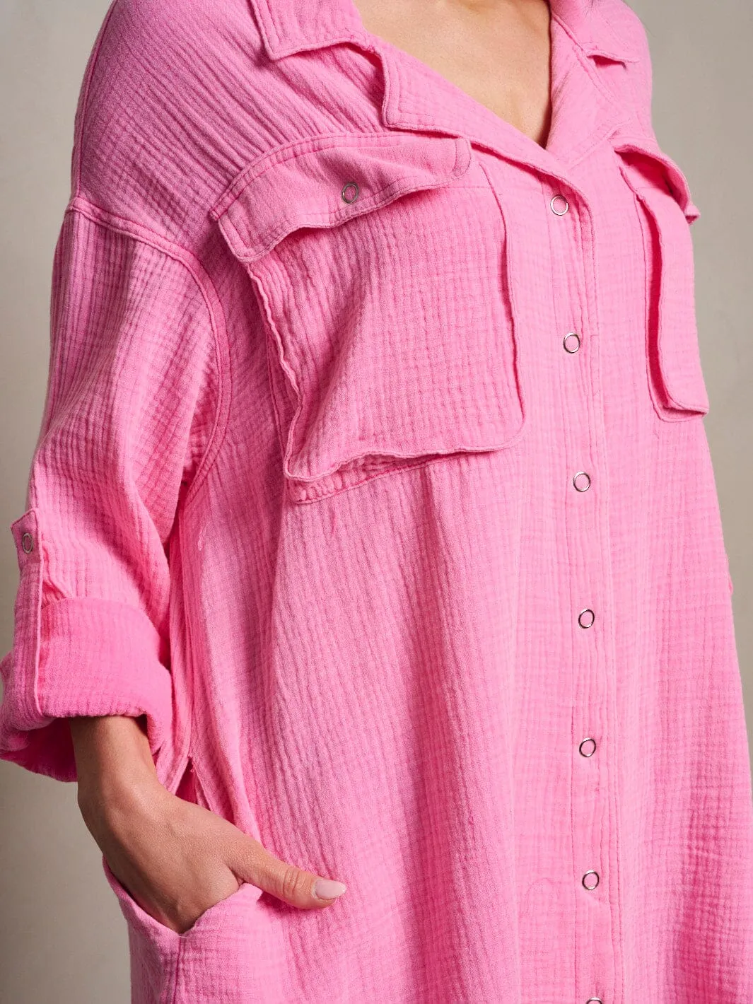 WOMEN'S LONG SLEEVE BUTTON UP TUNIC POCKETS WASHED MINI DRESS