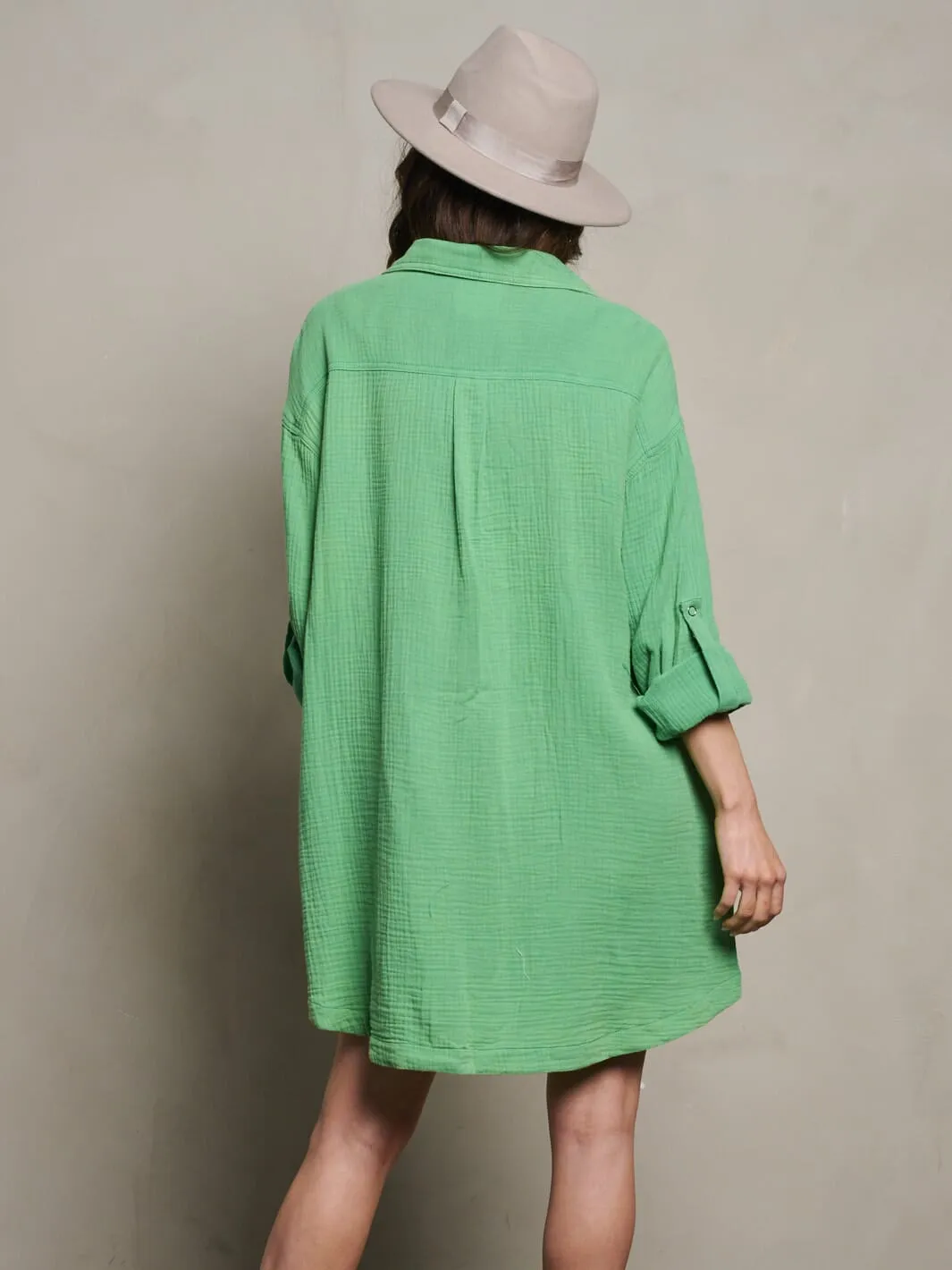 WOMEN'S LONG SLEEVE BUTTON UP TUNIC POCKETS WASHED MINI DRESS
