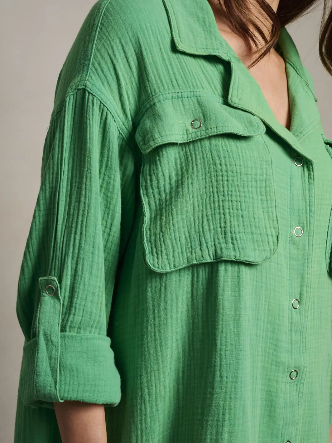 WOMEN'S LONG SLEEVE BUTTON UP TUNIC POCKETS WASHED MINI DRESS
