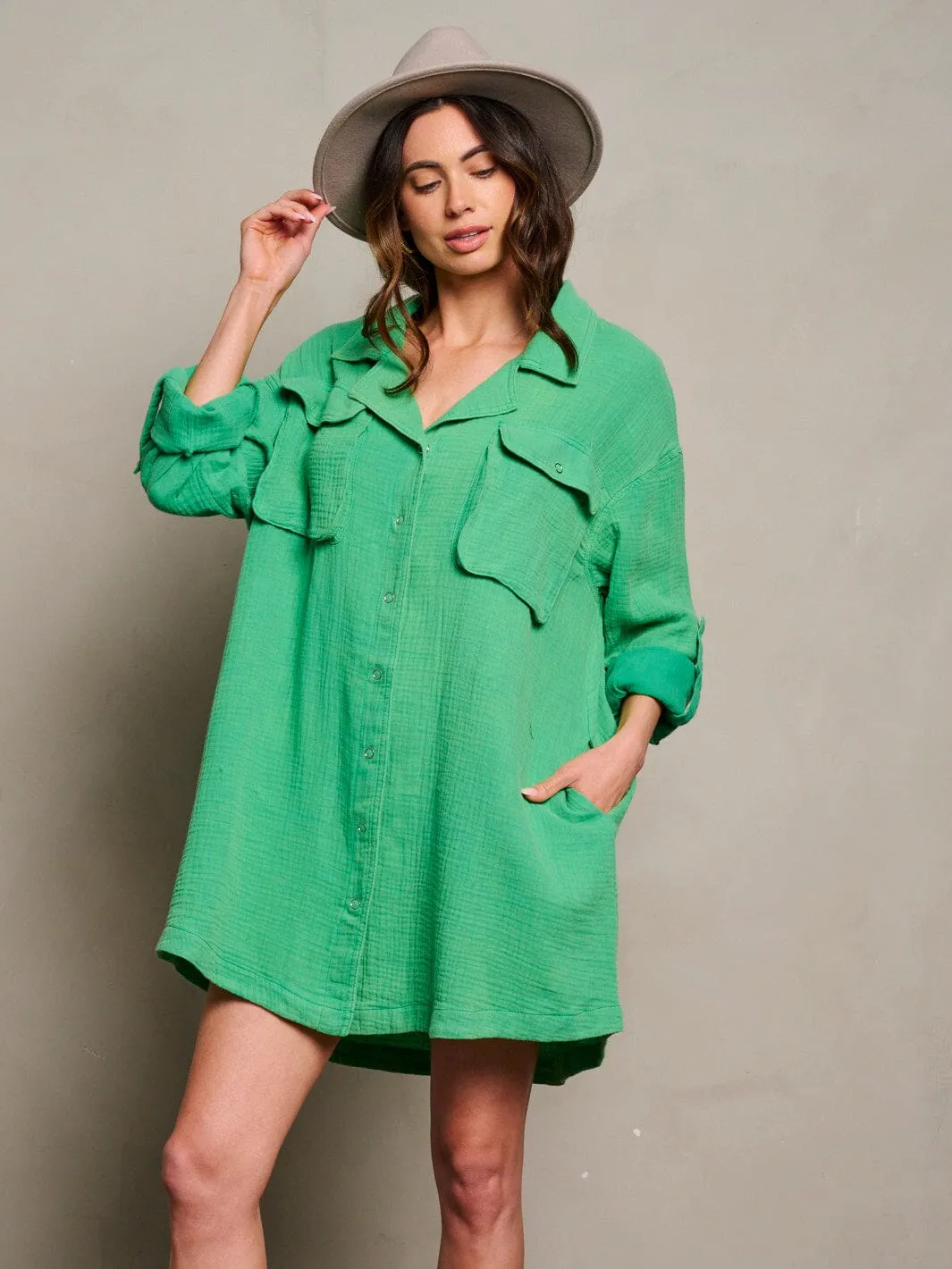 WOMEN'S LONG SLEEVE BUTTON UP TUNIC POCKETS WASHED MINI DRESS