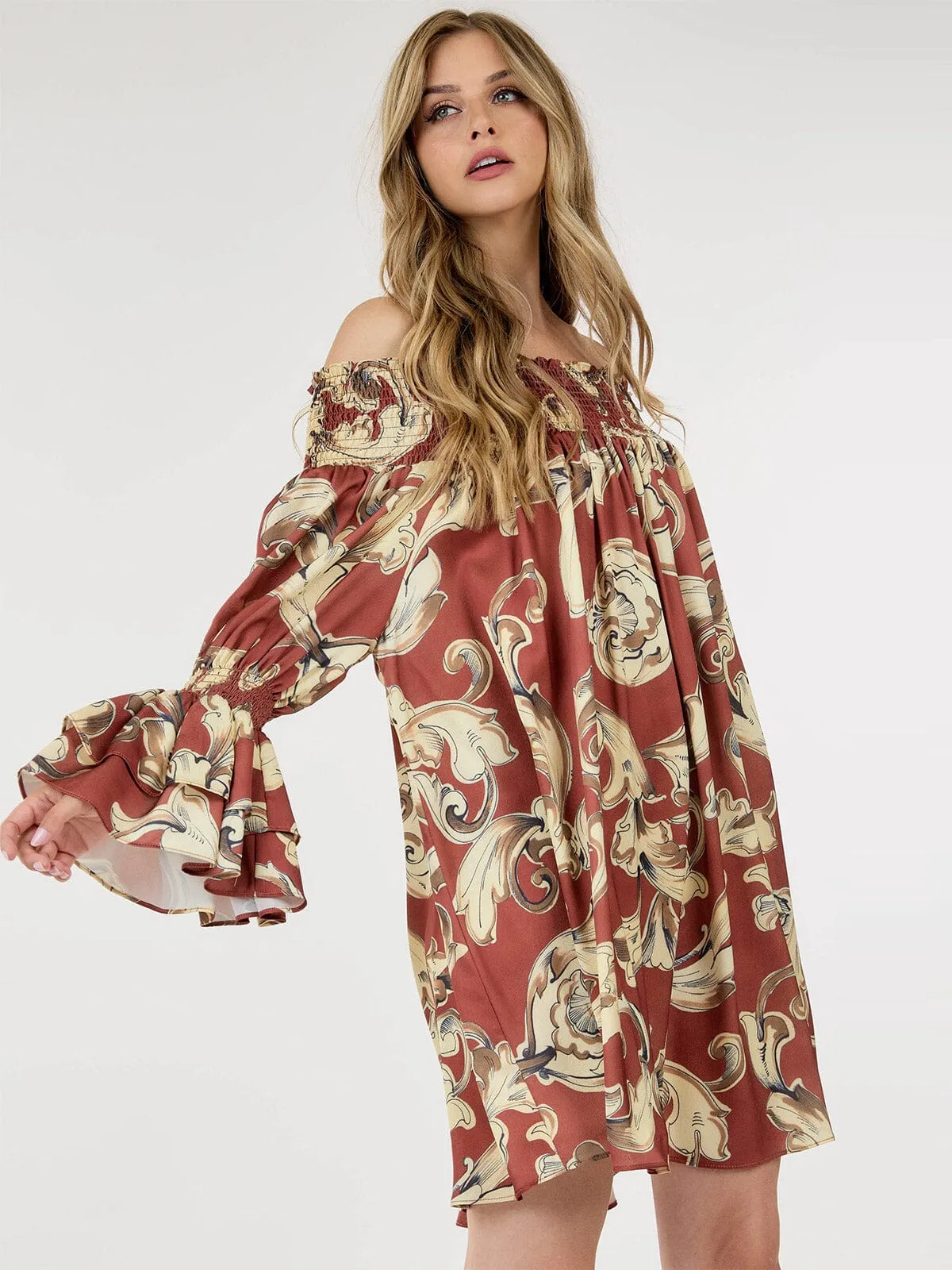 WOMEN'S LONG SLEEVE OFF SHOULDER TUNIC MULTI PRINT MINI DRESS
